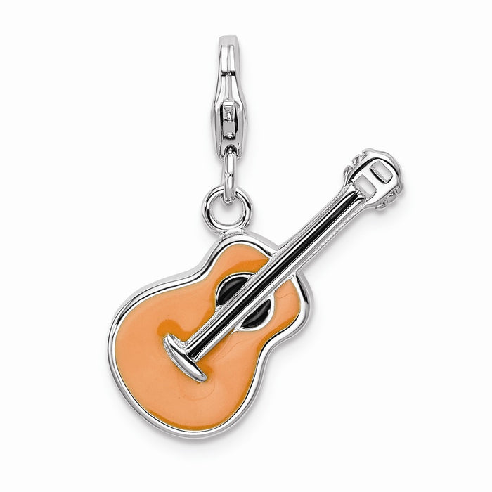 Million Charms 925 Sterling Silver With Rhodium-Plated 3-D Enameled Guitar With Lobster Clasp Charm