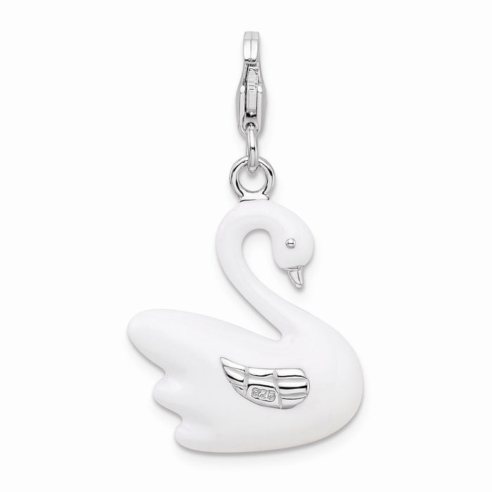 Million Charms 925 Sterling Silver Rhodium-Plated 3-D Enameled Swan With Lobster Clasp Charm