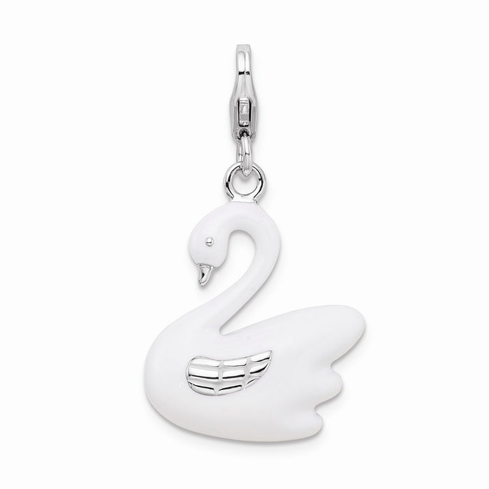 Million Charms 925 Sterling Silver Rhodium-Plated 3-D Enameled Swan With Lobster Clasp Charm