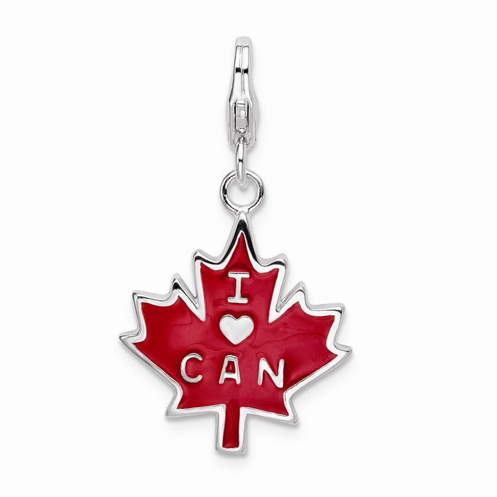 Million Charms 925 Sterling Silver With Rhodium-Plated 3-D Enameled I Love Can Maple Leaf With Lobster Clasp Charm