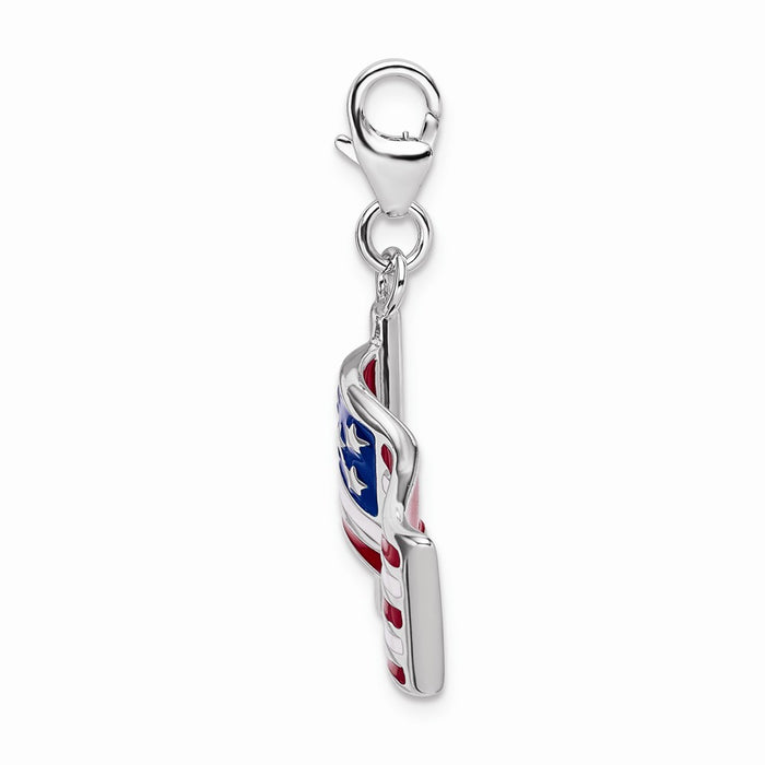 Million Charms 925 Sterling Silver With Rhodium-Plated 3-D Enameled American Flag With Lobster Clasp Charm