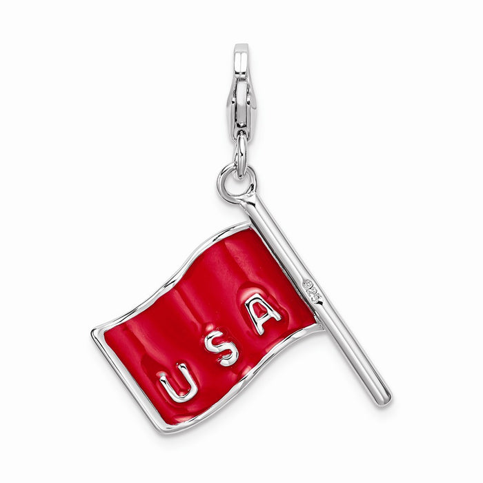 Million Charms 925 Sterling Silver With Rhodium-Plated 3-D Enameled American Flag With Lobster Clasp Charm