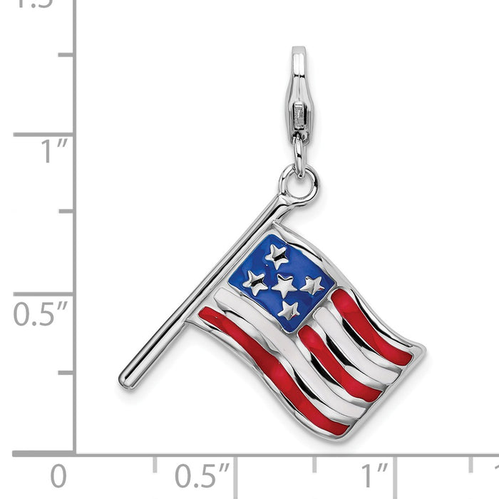 Million Charms 925 Sterling Silver With Rhodium-Plated 3-D Enameled American Flag With Lobster Clasp Charm