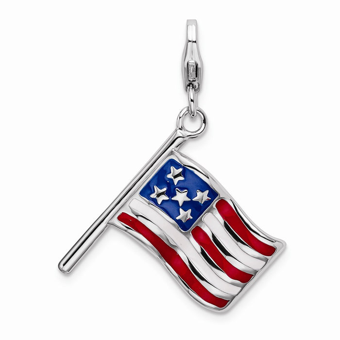 Million Charms 925 Sterling Silver With Rhodium-Plated 3-D Enameled American Flag With Lobster Clasp Charm