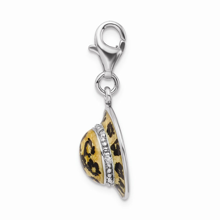 Million Charms 925 Sterling Silver Rhodium-Plated Click-On (Cubic Zirconia) CZ Enamel Leopard Hat Charm