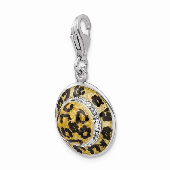 Million Charms 925 Sterling Silver Rhodium-Plated Click-On (Cubic Zirconia) CZ Enamel Leopard Hat Charm