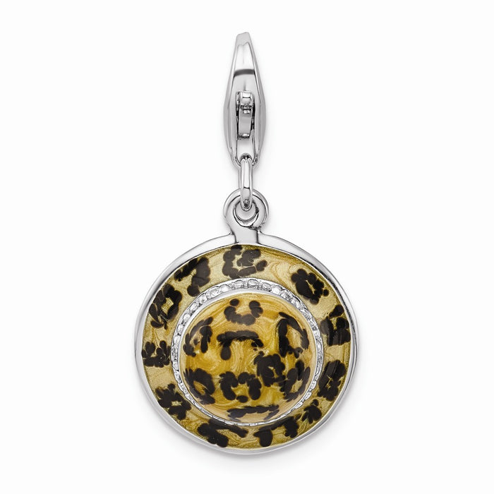 Million Charms 925 Sterling Silver Rhodium-Plated Click-On (Cubic Zirconia) CZ Enamel Leopard Hat Charm