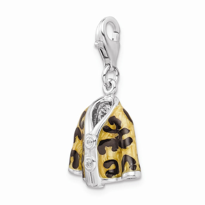 Million Charms 925 Sterling Silver Rhodium-Plated Click-On (Cubic Zirconia) CZ Enamel Leopard Jacket Charm