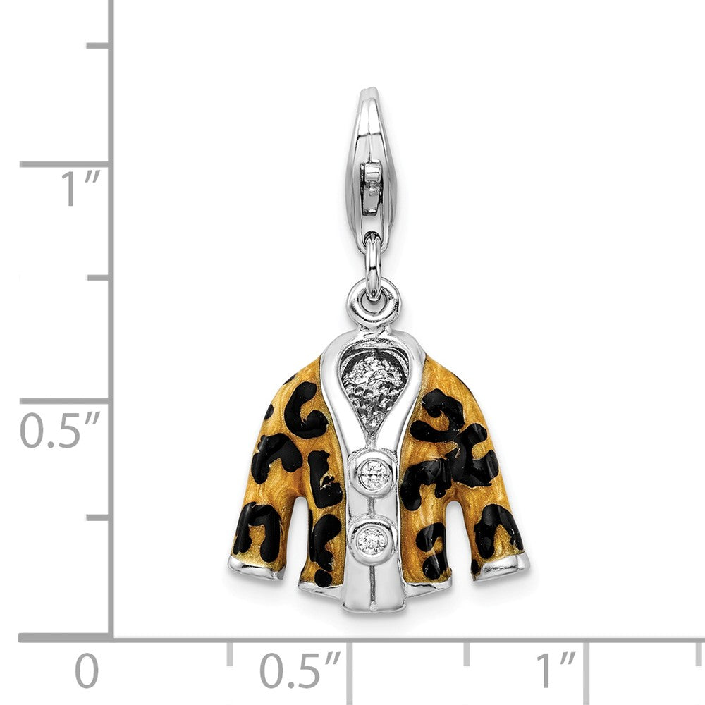 Million Charms 925 Sterling Silver Rhodium-Plated Click-On (Cubic Zirconia) CZ Enamel Leopard Jacket Charm