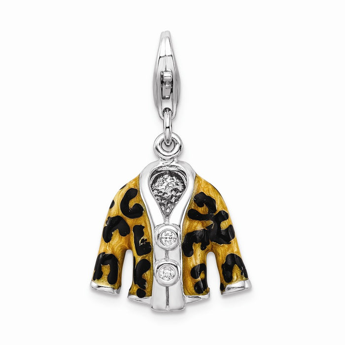 Million Charms 925 Sterling Silver Rhodium-Plated Click-On (Cubic Zirconia) CZ Enamel Leopard Jacket Charm