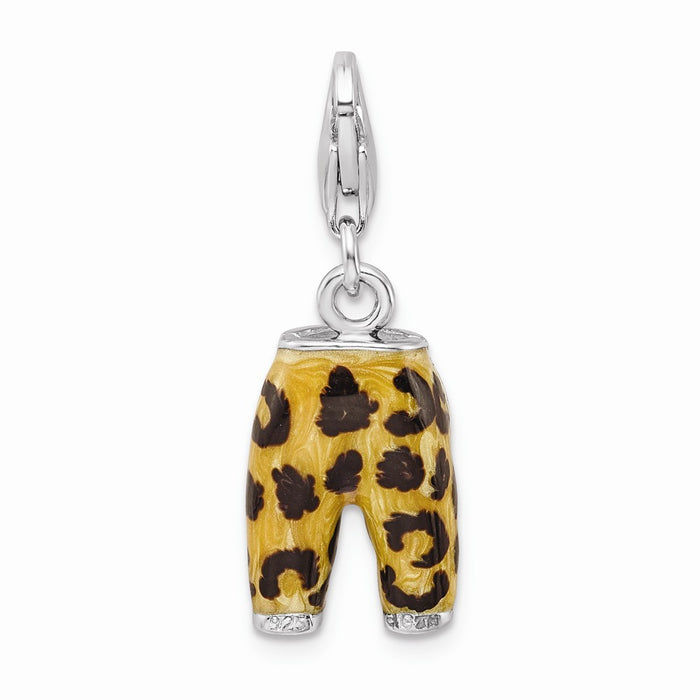 Million Charms 925 Sterling Silver Rhodium-Plated Click-On (Cubic Zirconia) CZ Enamel Leopard Pants Charm