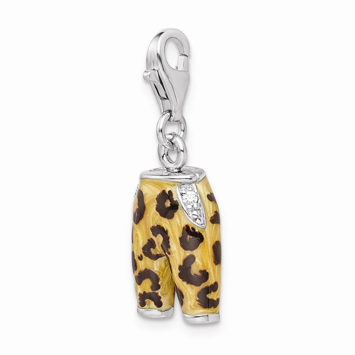 Million Charms 925 Sterling Silver Rhodium-Plated Click-On (Cubic Zirconia) CZ Enamel Leopard Pants Charm