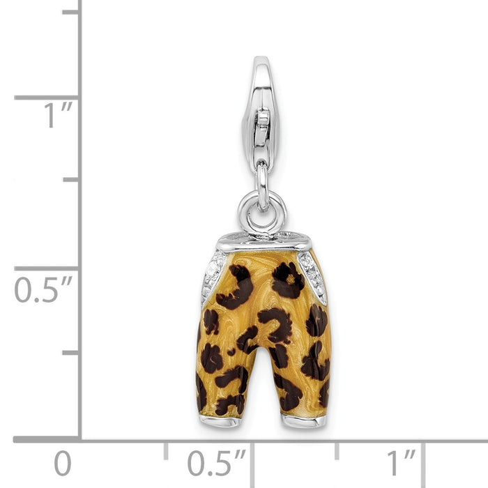 Million Charms 925 Sterling Silver Rhodium-Plated Click-On (Cubic Zirconia) CZ Enamel Leopard Pants Charm