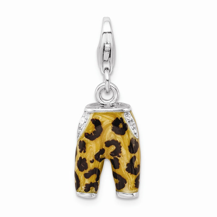 Million Charms 925 Sterling Silver Rhodium-Plated Click-On (Cubic Zirconia) CZ Enamel Leopard Pants Charm