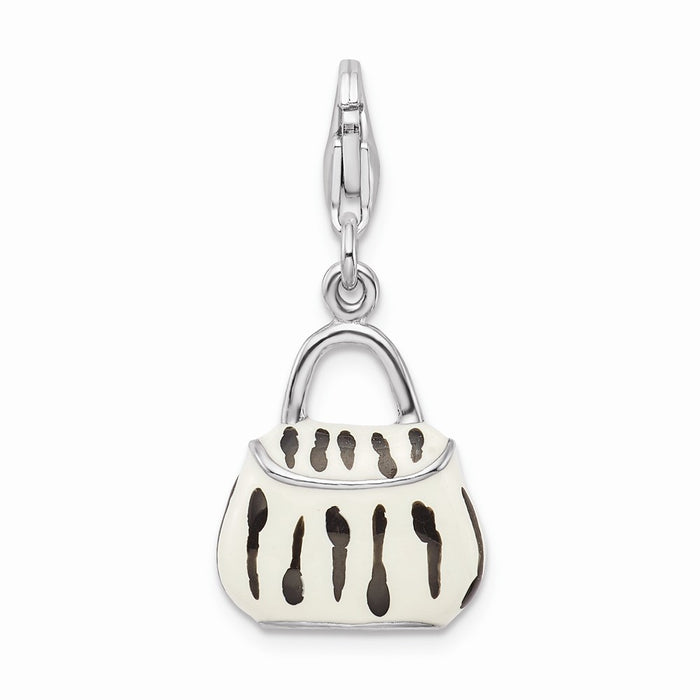 Million Charms 925 Sterling Silver Rhodium-Plated Click-On (Cubic Zirconia) CZ Enamel Zebra Purse Charm