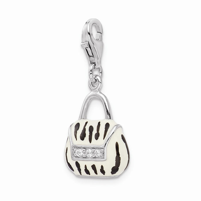 Million Charms 925 Sterling Silver Rhodium-Plated Click-On (Cubic Zirconia) CZ Enamel Zebra Purse Charm