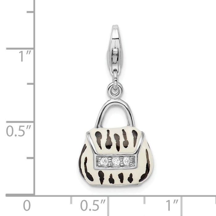 Million Charms 925 Sterling Silver Rhodium-Plated Click-On (Cubic Zirconia) CZ Enamel Zebra Purse Charm