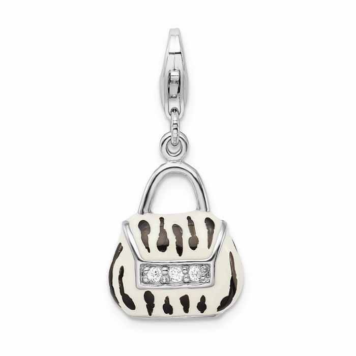 Million Charms 925 Sterling Silver Rhodium-Plated Click-On (Cubic Zirconia) CZ Enamel Zebra Purse Charm