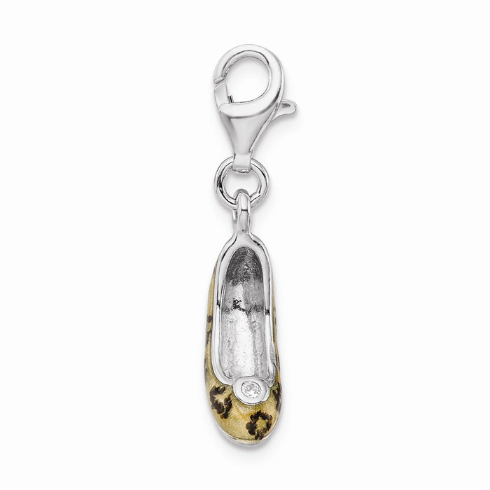 Million Charms 925 Sterling Silver Rhodium-Plated Click-On (Cubic Zirconia) CZ Enamel Leopard High Heel Charm