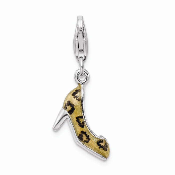 Million Charms 925 Sterling Silver Rhodium-Plated Click-On (Cubic Zirconia) CZ Enamel Leopard High Heel Charm