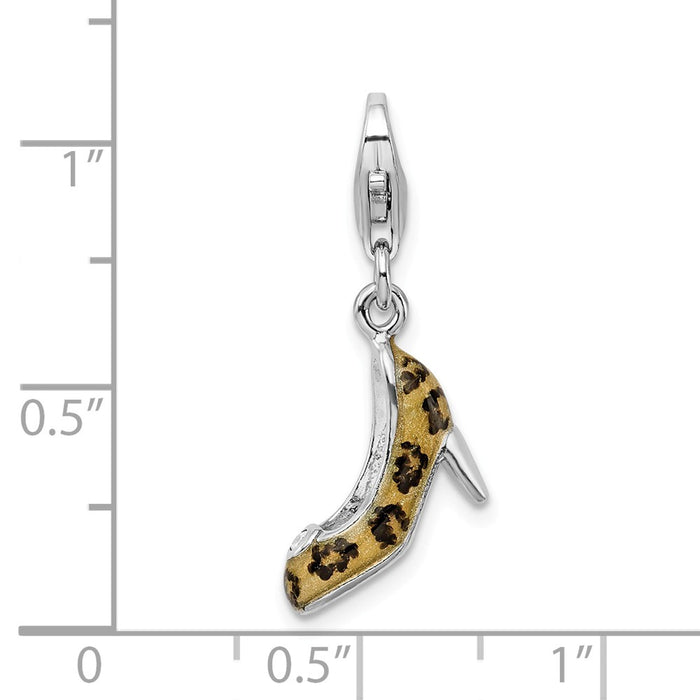 Million Charms 925 Sterling Silver Rhodium-Plated Click-On (Cubic Zirconia) CZ Enamel Leopard High Heel Charm