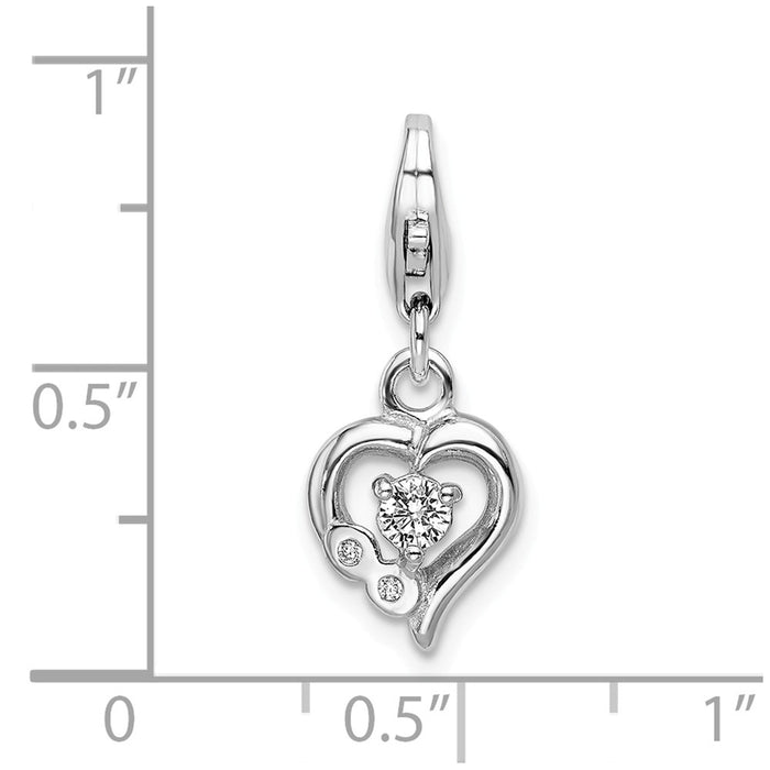 Million Charms 925 Sterling Silver Rhodium-Plated Click-On (Cubic Zirconia) CZ Polished Heart Charm