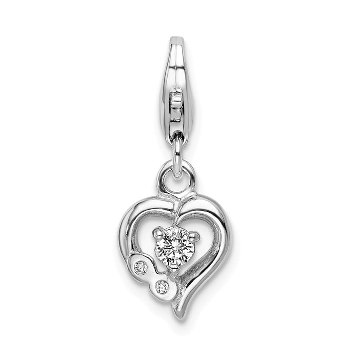 Million Charms 925 Sterling Silver Rhodium-Plated Click-On (Cubic Zirconia) CZ Polished Heart Charm