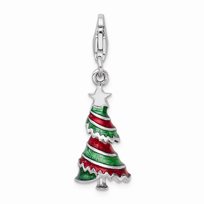 Million Charms 925 Sterling Silver With Rhodium-Plated (Cubic Zirconia) CZ Enamel Christmas Tree With Lobster Clasp Charm