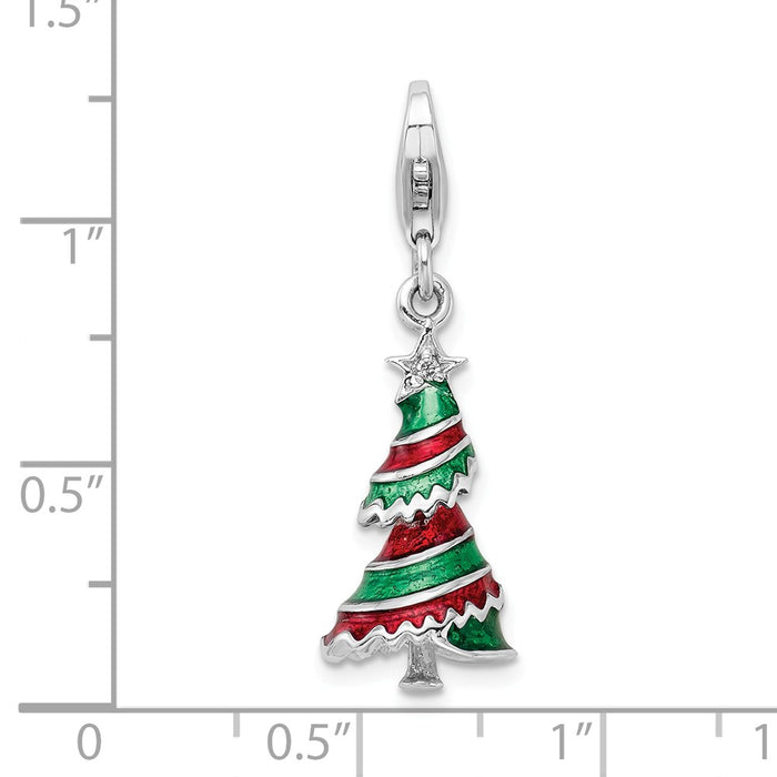 Million Charms 925 Sterling Silver With Rhodium-Plated (Cubic Zirconia) CZ Enamel Christmas Tree With Lobster Clasp Charm