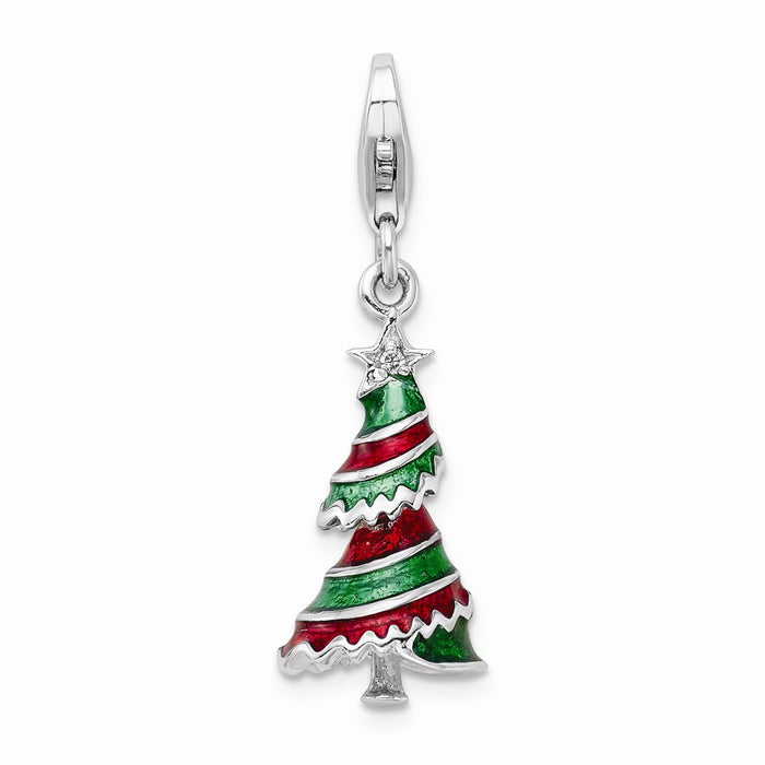 Million Charms 925 Sterling Silver With Rhodium-Plated (Cubic Zirconia) CZ Enamel Christmas Tree With Lobster Clasp Charm