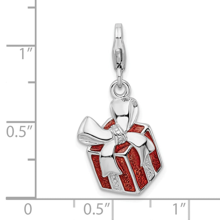 Million Charms 925 Sterling Silver Rhodium-Plated Red Enameled Present With Lobster Clasp Charm