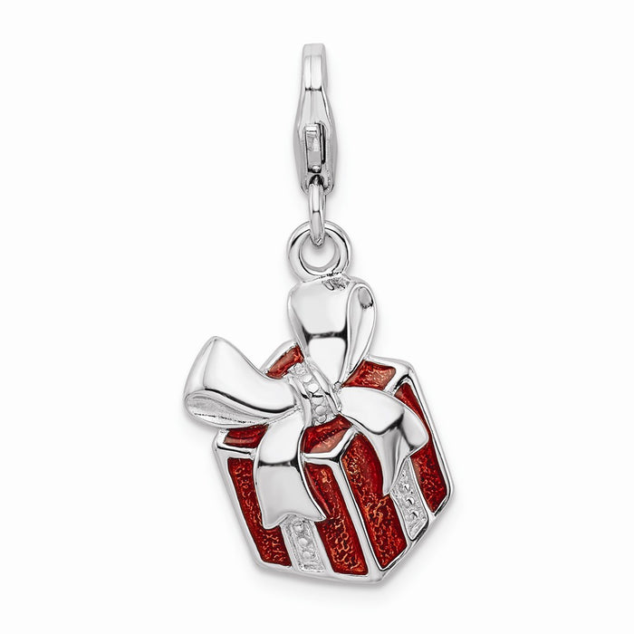 Million Charms 925 Sterling Silver Rhodium-Plated Red Enameled Present With Lobster Clasp Charm