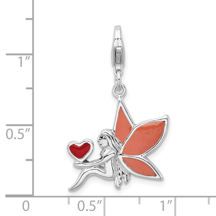 Million Charms 925 Sterling Silver With Rhodium-Plated Enameled Fairy With Heart With Lobster Clasp Charm