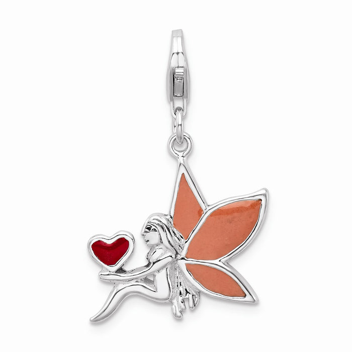 Million Charms 925 Sterling Silver With Rhodium-Plated Enameled Fairy With Heart With Lobster Clasp Charm