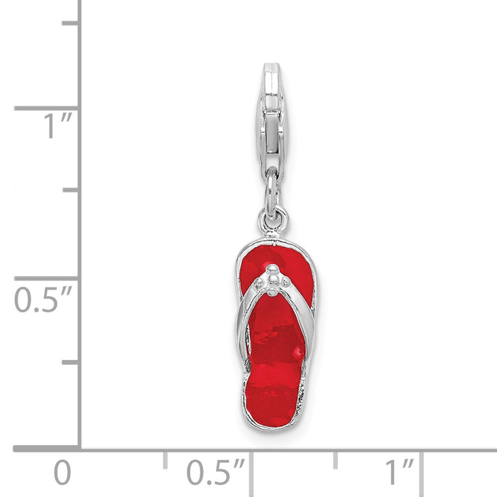 Million Charms 925 Sterling Silver With Rhodium-Plated Red Enameled Sandal With Pear Lock Clasp Charm