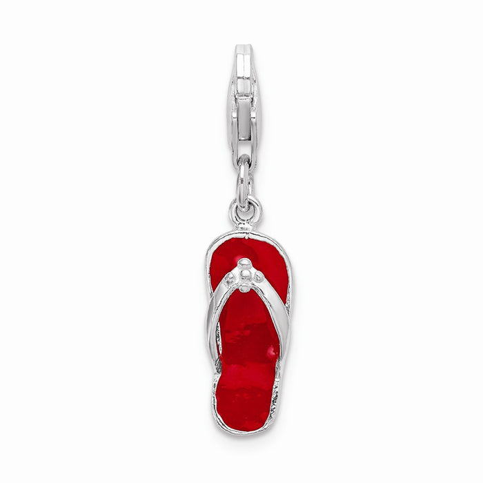 Million Charms 925 Sterling Silver With Rhodium-Plated Red Enameled Sandal With Pear Lock Clasp Charm
