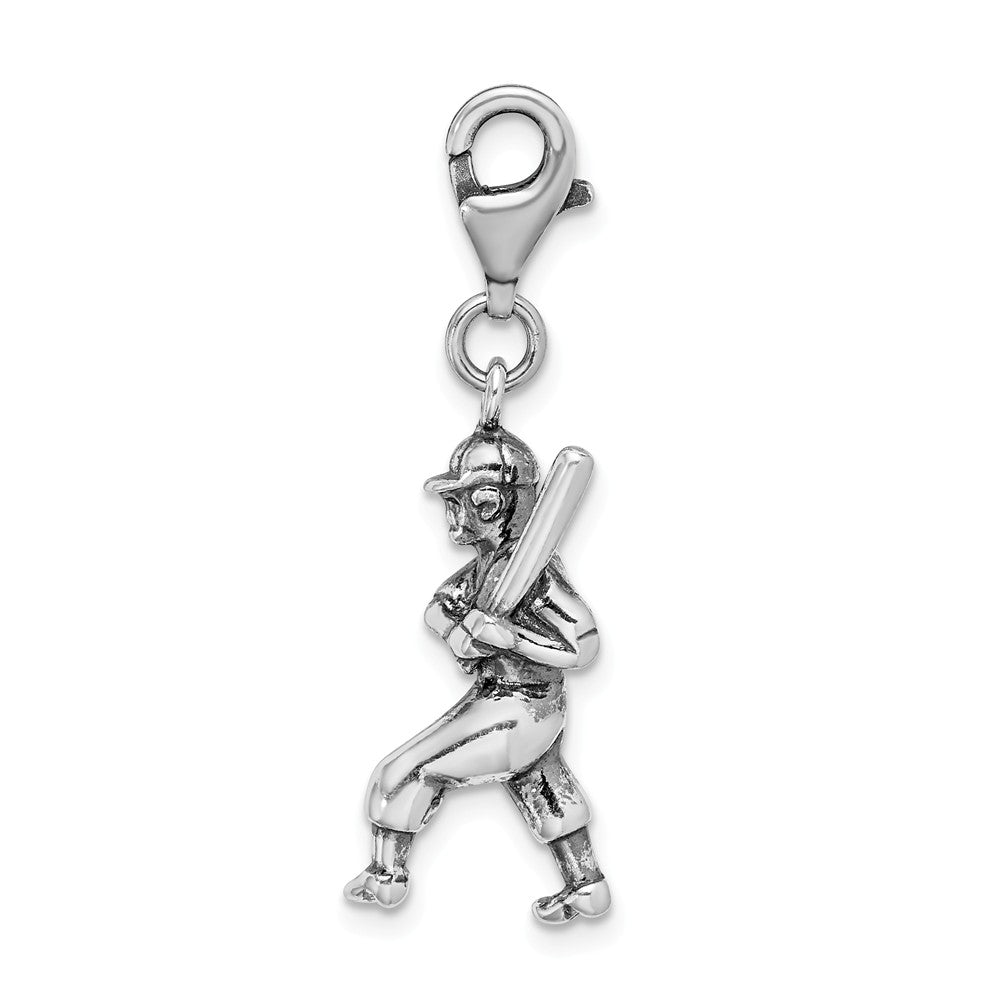 Million Charms 925 Sterling Silver 3-D Antiqued Sports Baseball Player With Lobster Clasp Charm