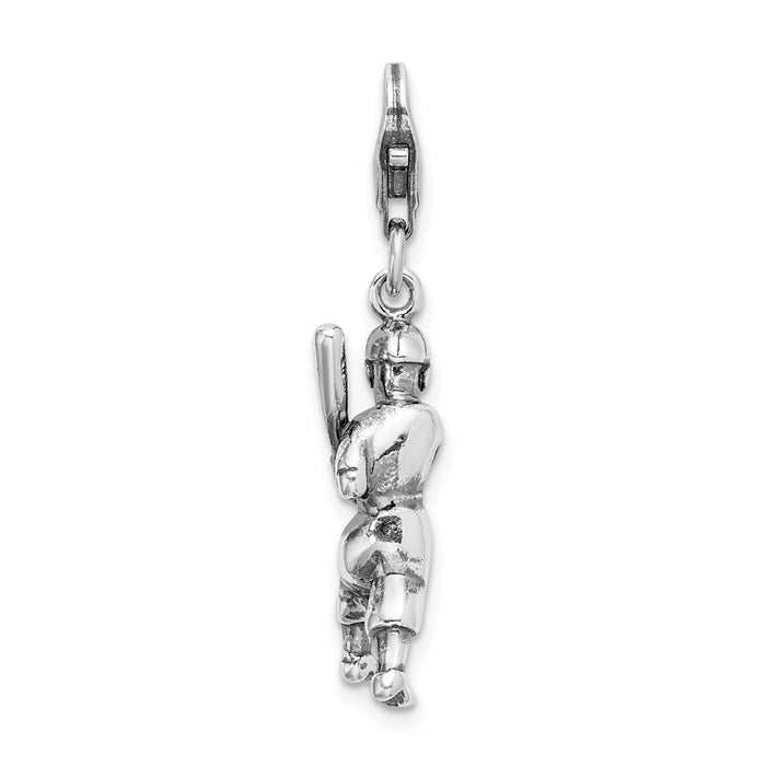 Million Charms 925 Sterling Silver 3-D Antiqued Sports Baseball Player With Lobster Clasp Charm