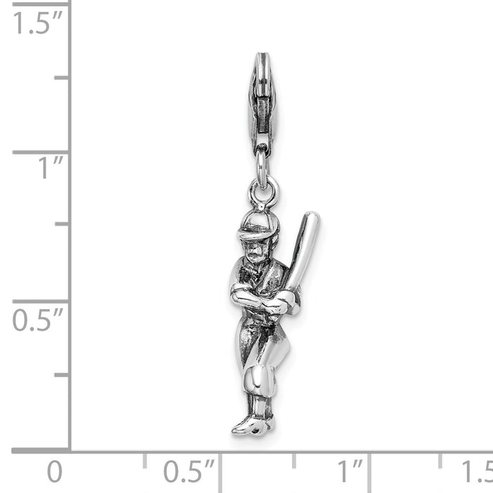 Million Charms 925 Sterling Silver 3-D Antiqued Sports Baseball Player With Lobster Clasp Charm
