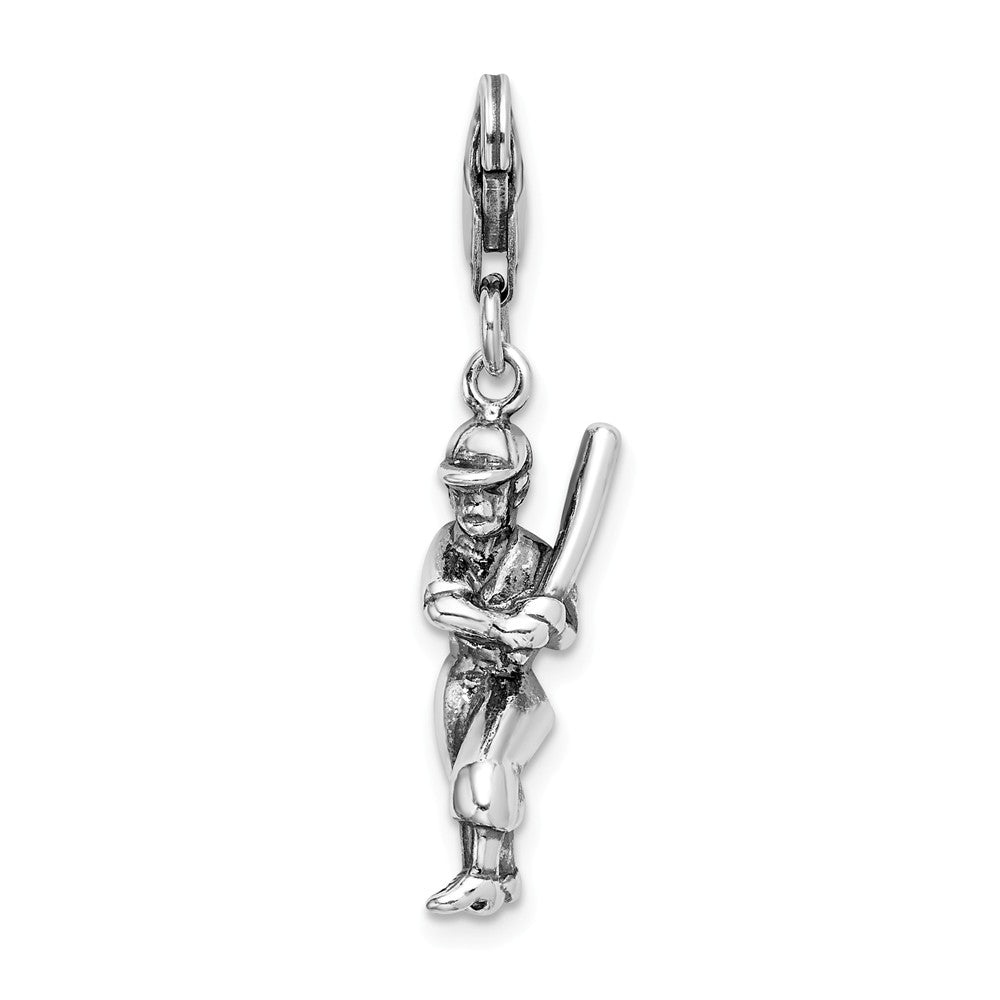 Million Charms 925 Sterling Silver 3-D Antiqued Sports Baseball Player With Lobster Clasp Charm
