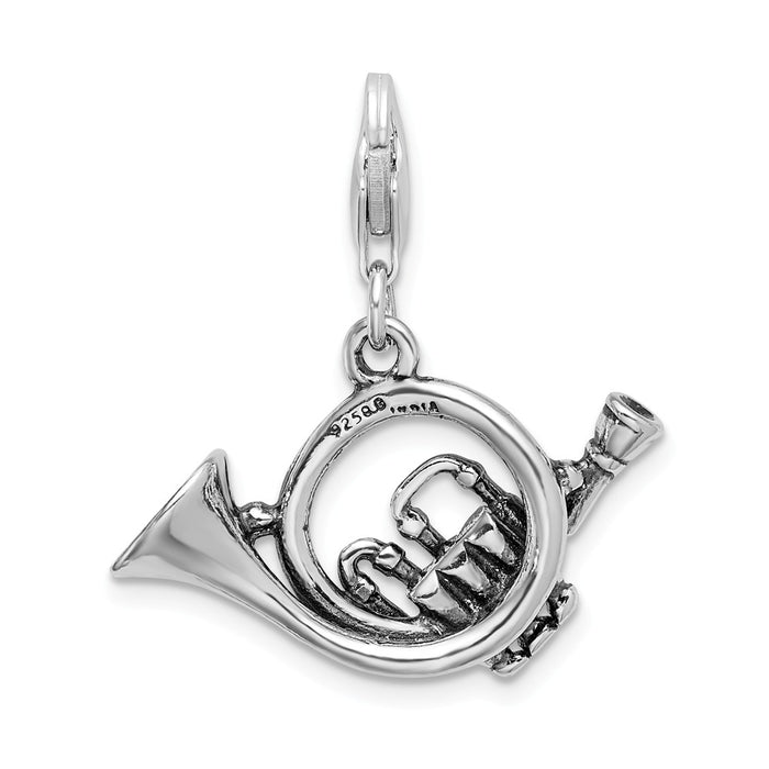 Million Charms 925 Sterling Silver 3-D Antiqued French Horn With Lobster Clasp Charm