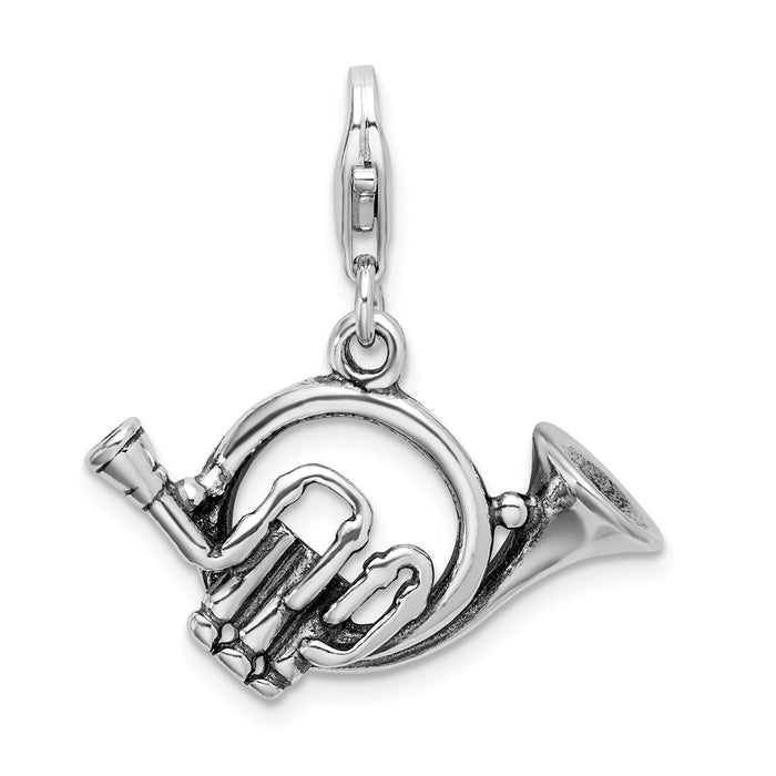 Million Charms 925 Sterling Silver 3-D Antiqued French Horn With Lobster Clasp Charm