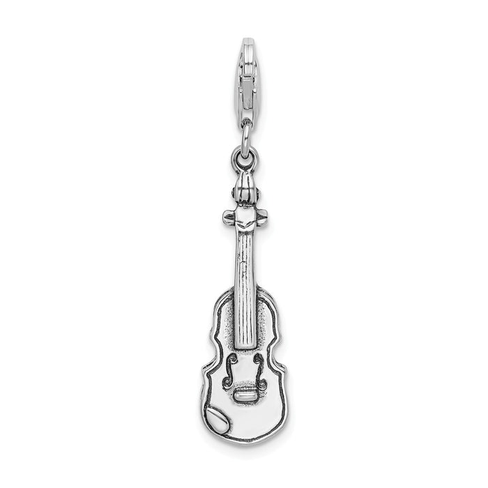 Million Charms 925 Sterling Silver 3-D Antiqued Violin With Lobster Clasp Charm