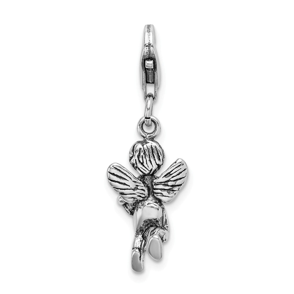 Million Charms 925 Sterling Silver 3D Antiqued Angel & Harp With Lobster Clasp Charm
