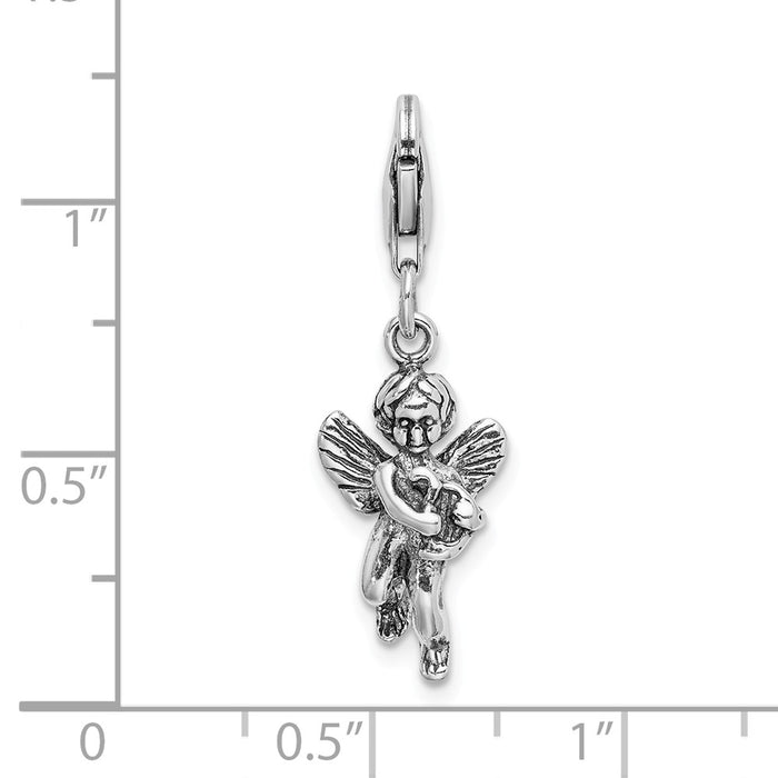 Million Charms 925 Sterling Silver 3D Antiqued Angel & Harp With Lobster Clasp Charm