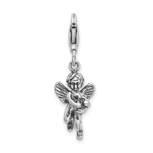 Million Charms 925 Sterling Silver 3D Antiqued Angel & Harp With Lobster Clasp Charm
