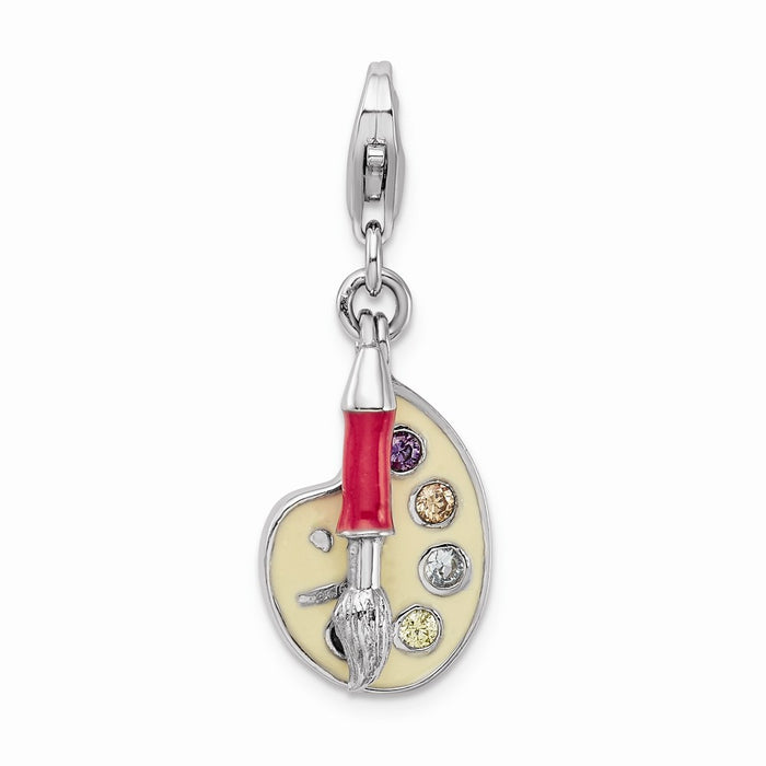 Million Charms 925 Sterling Silver Rhodium-Plated (Cubic Zirconia) CZ Enamel Artist Palette With Lobster Clasp Charm