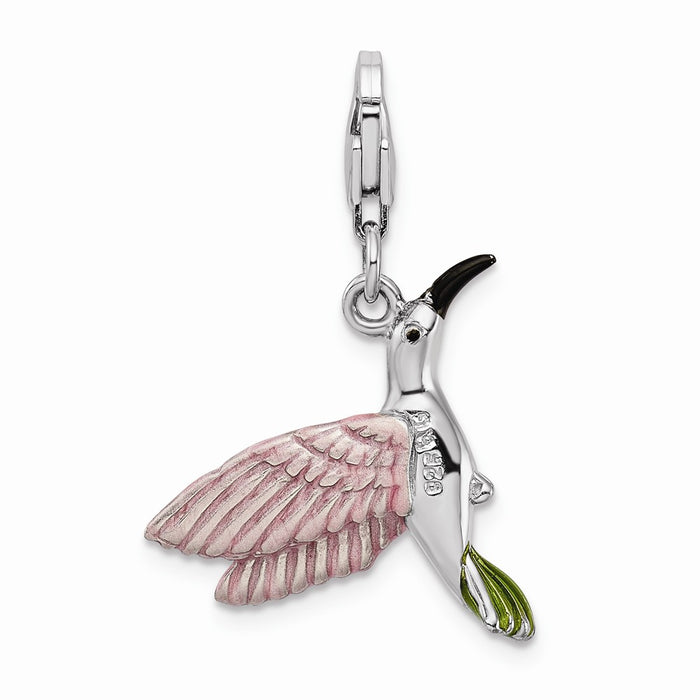 Million Charms 925 Sterling Silver Rhodium-Plated Enamel Hummingbird With Lobster Clasp Charm