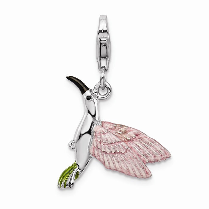 Million Charms 925 Sterling Silver Rhodium-Plated Enamel Hummingbird With Lobster Clasp Charm
