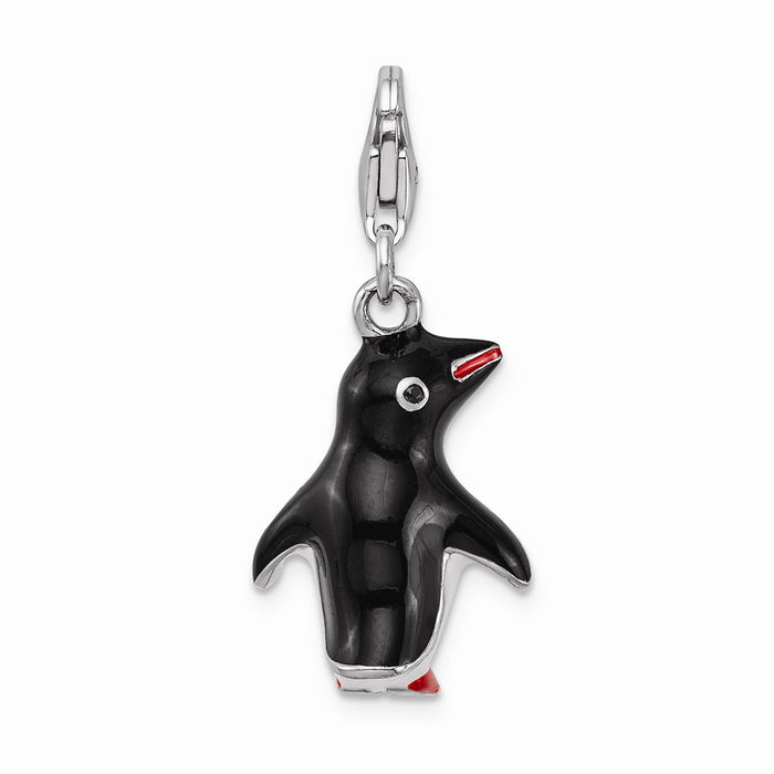 Million Charms 925 Sterling Silver Rhodium-Plated Enamel Penguin With Lobster Clasp Charm